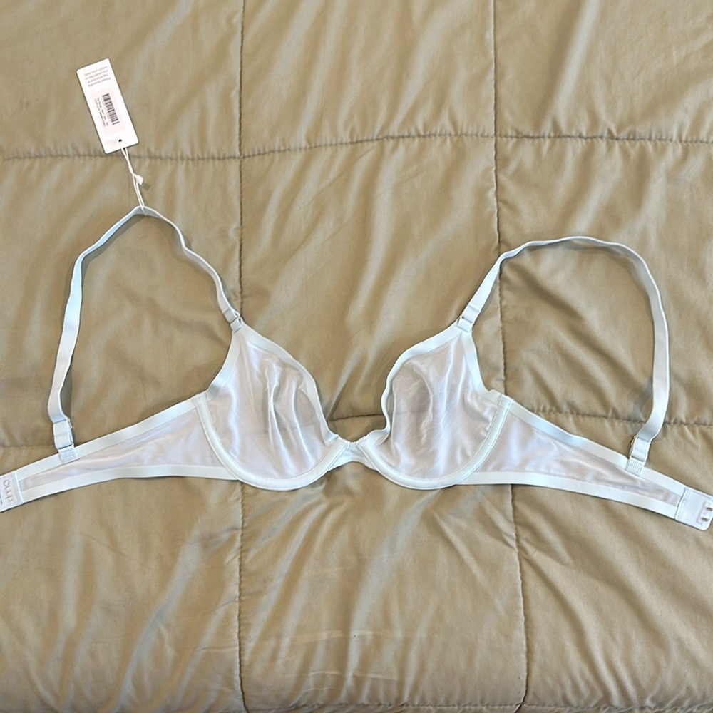 Mesh bra, color teal, see through.